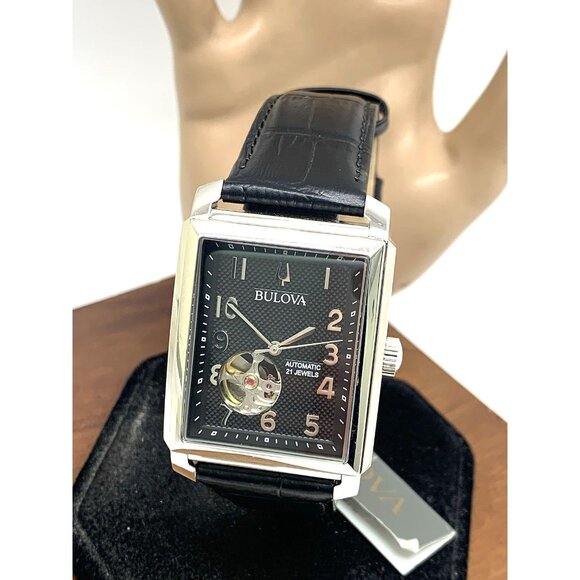 Bulova Men's Watch 96A269 Automatic Black Dial Leather Strap Rectangle 33x40mm - Picture 1 of 13